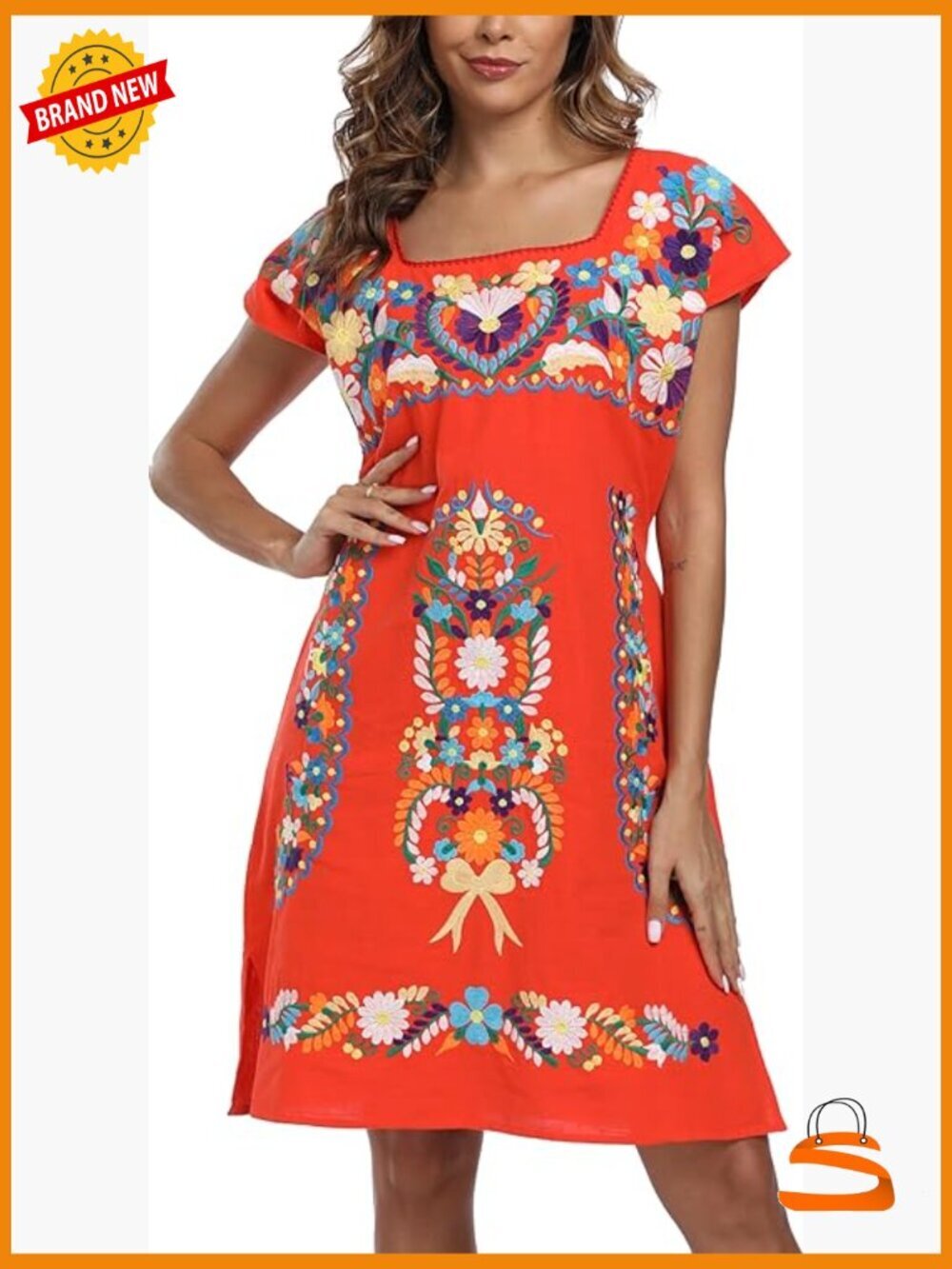 Mexican Embroidered Swing Dress Sleeveless Linen Casual